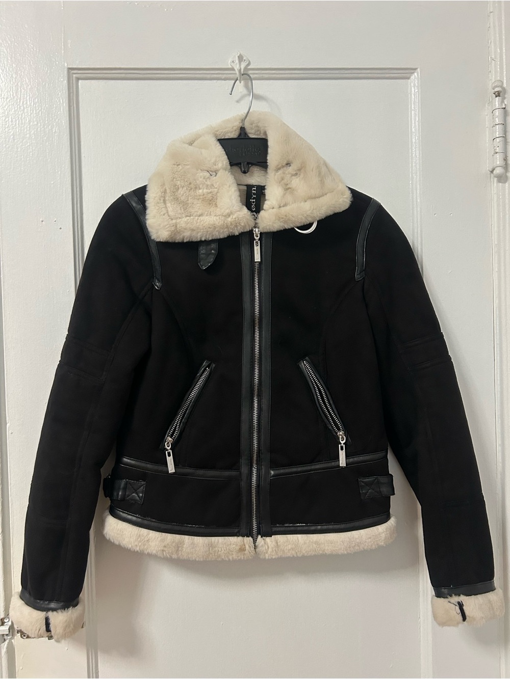 Black Faux-Shearling Trim Suede Moto Jacket